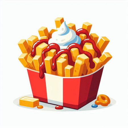 French fries with mayonnaise and ketchup, vector illustration.のイラスト素材