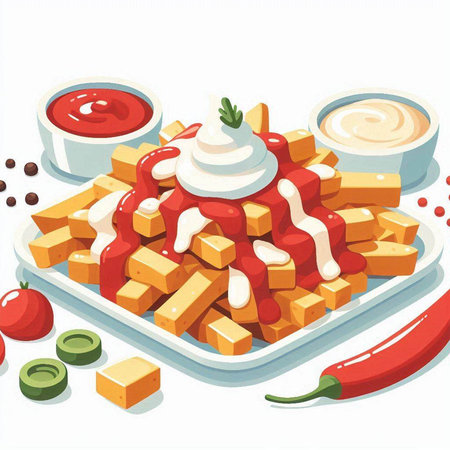 Vector illustration of a plate with french fries, ketchup and mayonnaiseのイラスト素材