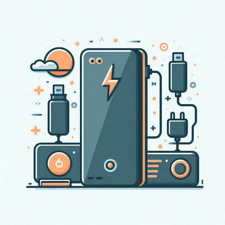 Mobile phone with power supply. Vector illustration in line art style.のイラスト素材
