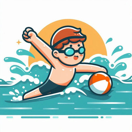 Boy swimming with a ball in the sea. Cartoon vector illustration.のイラスト素材