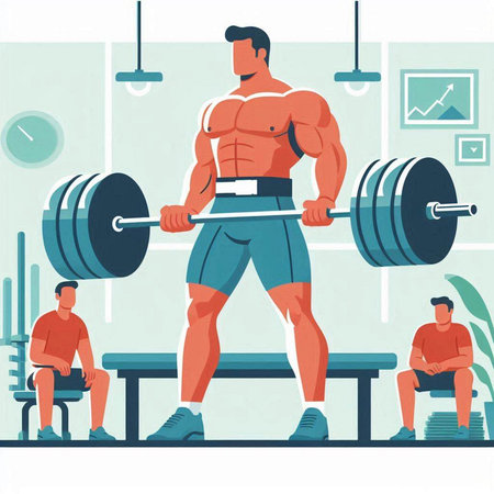 Bodybuilder lifting barbell in gym. Flat style vector illustration.のイラスト素材