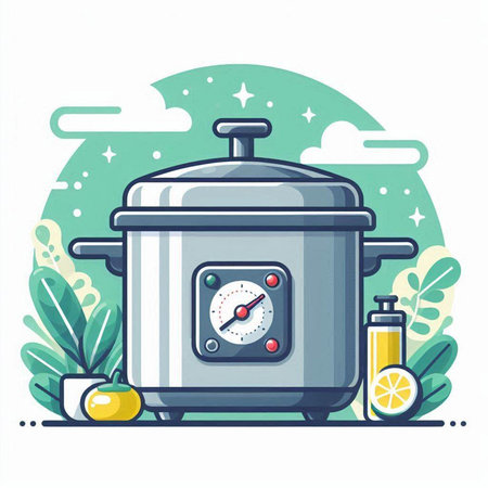 Vector illustration of a cooking pan with a timer and a bottle of olive oilのイラスト素材