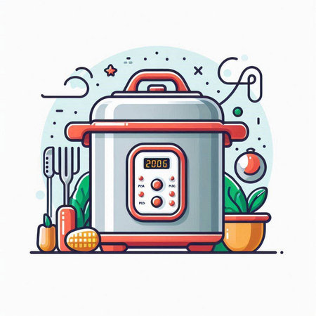 Vector illustration of modern flat line style cooking concept with electric multicookerのイラスト素材