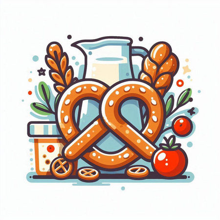 Bavarian pretzel, jug of milk and cookies. Vector illustration.のイラスト素材