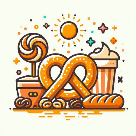 Vector illustration of a pretzel, cup of coffee and sweets.のイラスト素材