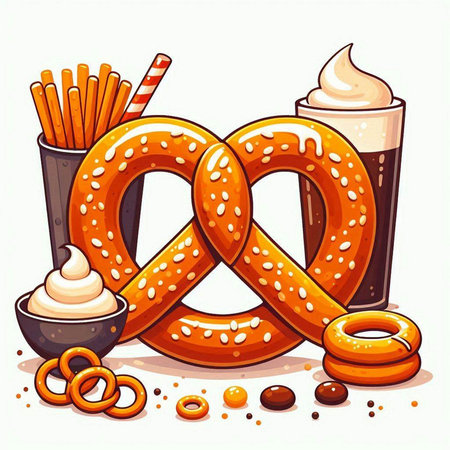 Vector illustration of a set of pretzels, ice cream and whipped cream.のイラスト素材