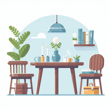 Kitchen interior with furniture. Vector illustration in flat cartoon style.のイラスト素材