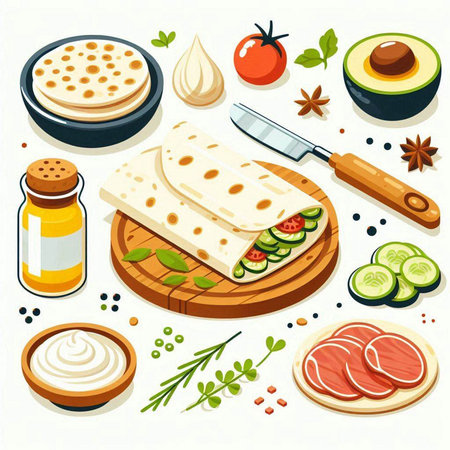 Vector illustration of a set of food and ingredients for making pizza.のイラスト素材
