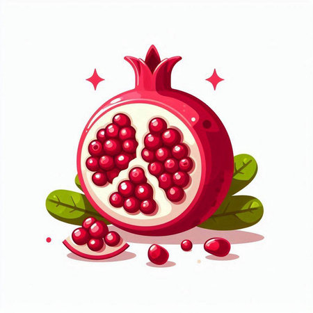 Pomegranate fruit with green leaves isolated on white background. Vector illustration.のイラスト素材