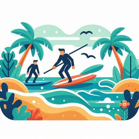 People on a stand up paddle board in the sea. Vector illustrationのイラスト素材