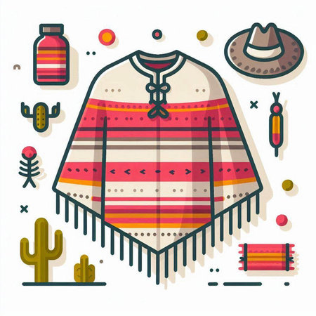 Mexican poncho with cactus and hat. Vector illustrationのイラスト素材