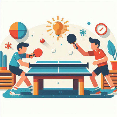 Table tennis sport vector illustration. Flat design of young man and woman playing table tennis together.のイラスト素材