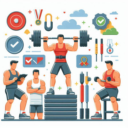 Fitness and healthy lifestyle concept with man doing exercises with dumbbells. Vector illustrationのイラスト素材