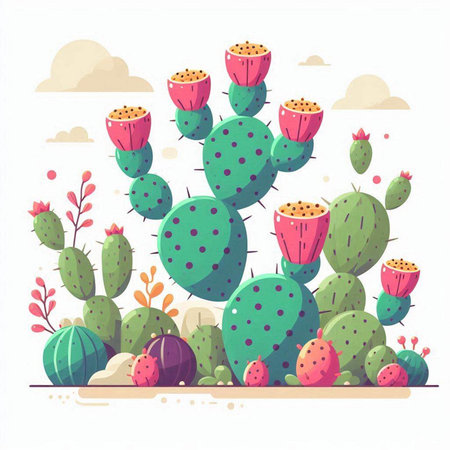 Cactuses in the desert. Vector illustration in flat style.のイラスト素材