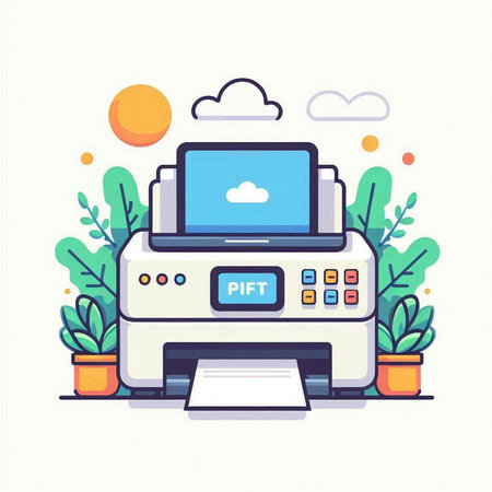 Colorful flat design vector illustration of printer and cloud computing system.のイラスト素材