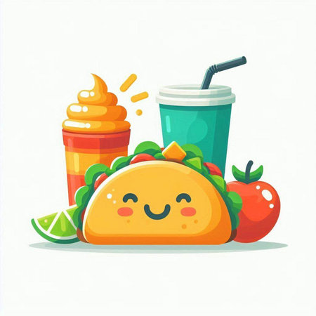 Cute kawaii fast food vector illustration. Cheerful taco, cola and smoothie.のイラスト素材