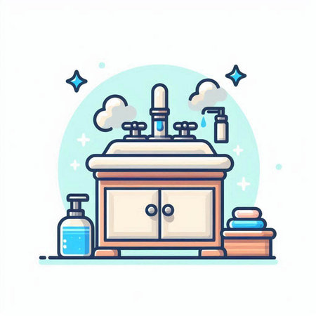 Bathroom interior with sink, towels and soap dispenser. Vector flat illustrationのイラスト素材