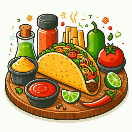 Taco with sauce and vegetables on a wooden board. Vector illustration.のイラスト素材