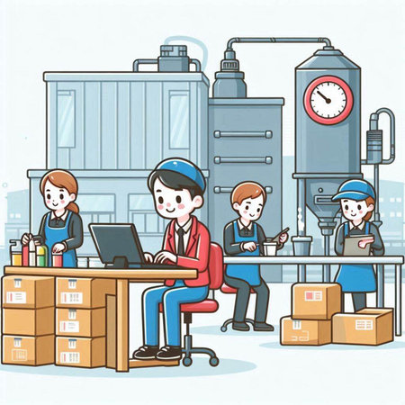 Illustration of a worker and a customer in a factory with a laptopのイラスト素材