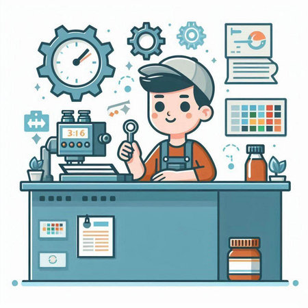 Coffee shop worker at the counter with equipment. Vector illustration.のイラスト素材