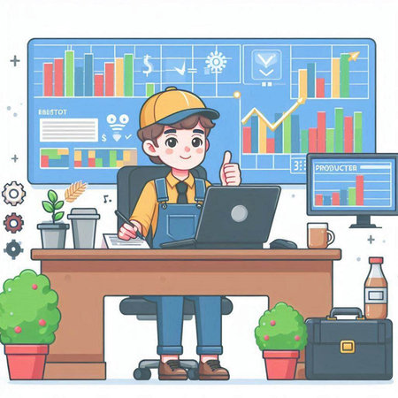 Businessman working on laptop computer in office. Cartoon vector illustration.のイラスト素材