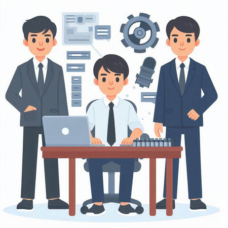 Business people working in the office. Man and woman in business suit. Vector illustration.のイラスト素材