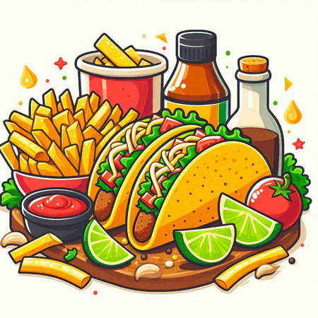 Illustration of a hot dog with french fries, sauce and limeのイラスト素材