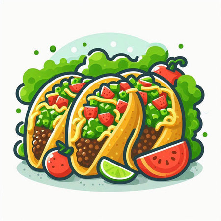 Mexican tacos with guacamole and watermelon. Vector illustrationのイラスト素材