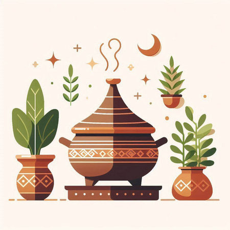 Vector illustration of a pot with plants and crescent moon in the backgroundのイラスト素材