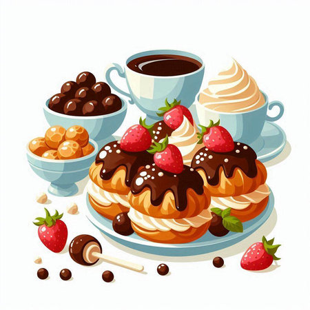 Coffee and cakes with strawberries and chocolate. Vector illustration.のイラスト素材