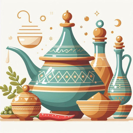 Vector illustration of traditional indian tea set in flat style. Ceramic teapot, cups and saucers.のイラスト素材