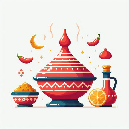 Traditional indian vase with spices. Vector illustration in flat styleのイラスト素材