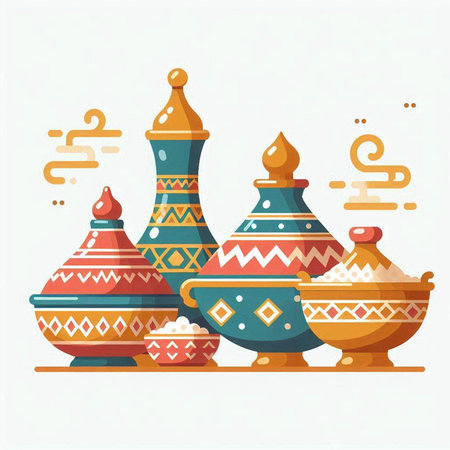 Colorful decorative ceramic pots. Vector illustration in flat cartoon style.のイラスト素材