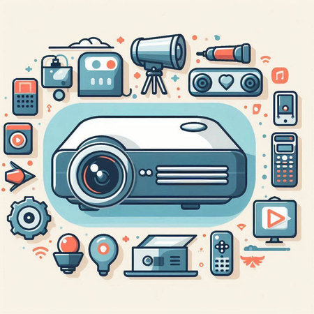 Vector illustration of a movie projector in a flat design style. Video production.のイラスト素材