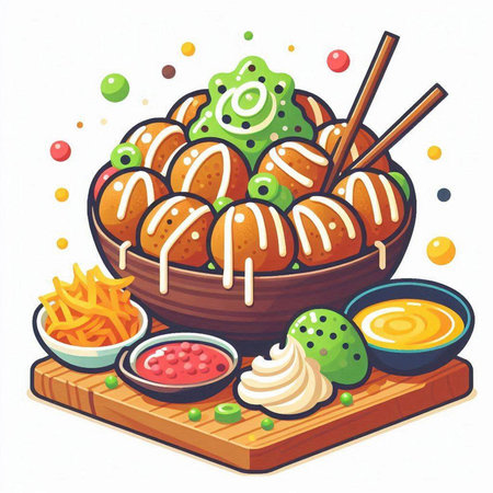 Vector illustration of a bowl of fried dumplings with sauce and mayonnaiseのイラスト素材