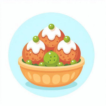 Bowl of fried eggs with green peas and whipped cream. Vector illustration.のイラスト素材