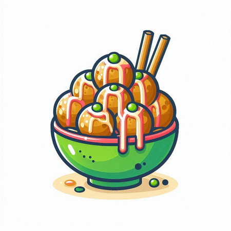 Illustration of a bowl of rice balls with sauce and chopsticksのイラスト素材