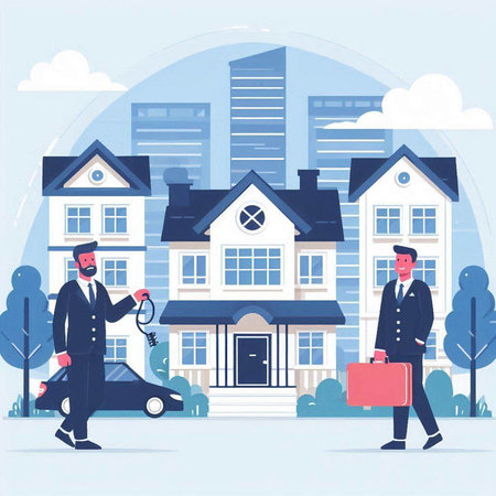 Real estate agent and customer walking in front of house. Vector illustrationのイラスト素材