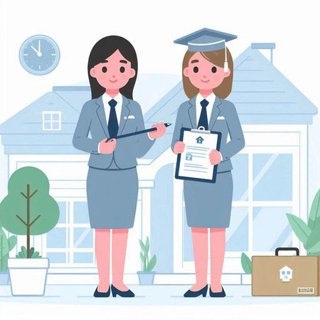 Illustration of a female real estate agent and a woman in a suit.のイラスト素材