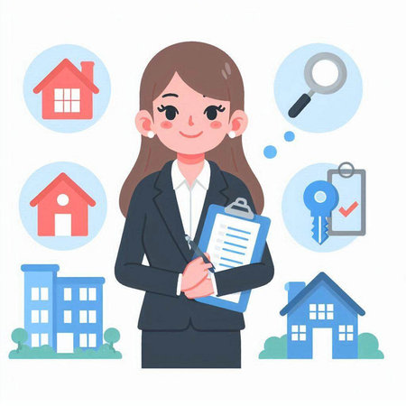 Business woman and real estate concept. Vector illustration in flat style.のイラスト素材