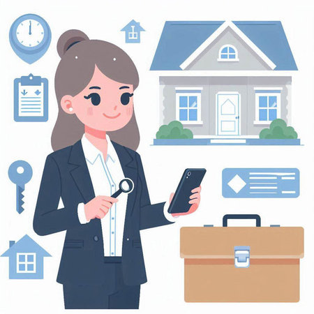 Real estate agent woman with a briefcase and a smartphone. Vector illustration.のイラスト素材