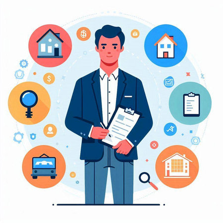 Real estate agent. Vector illustration in flat style. Man with clipboard, house, car, key, key.のイラスト素材