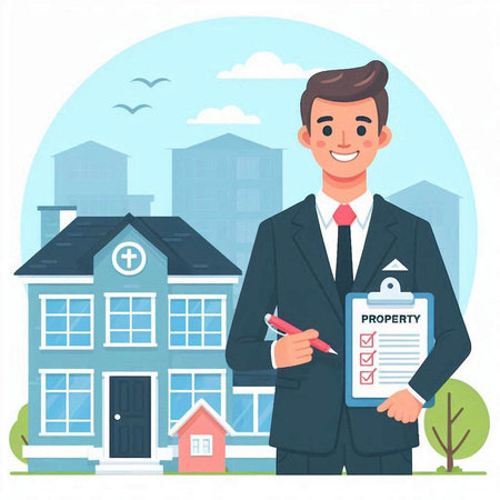 Real estate agent with clipboard and house. Vector illustration in flat styleのイラスト素材