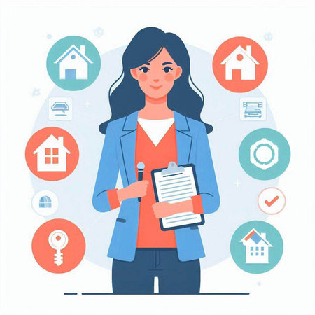 Real estate agent woman holding clipboard with house, keys, keys and contract. Vector illustrationのイラスト素材