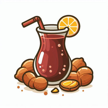 Mulled wine in a glass with a straw. Vector illustration.のイラスト素材