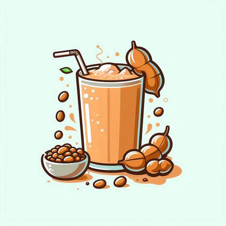 Illustration of a glass of coffee with milk and coffee beans.のイラスト素材
