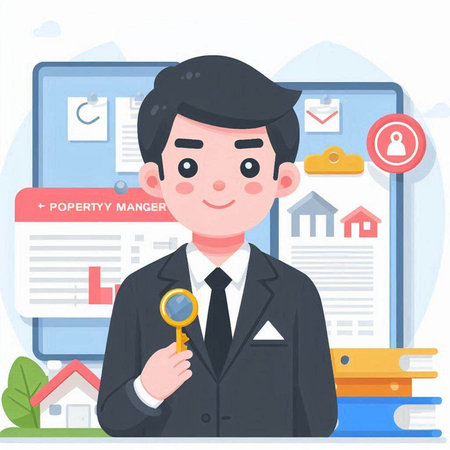 Real estate agent with magnifying glass. Flat design vector illustration.のイラスト素材