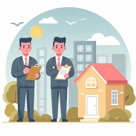 Real estate agent or real estate agent with client. Vector illustration.のイラスト素材