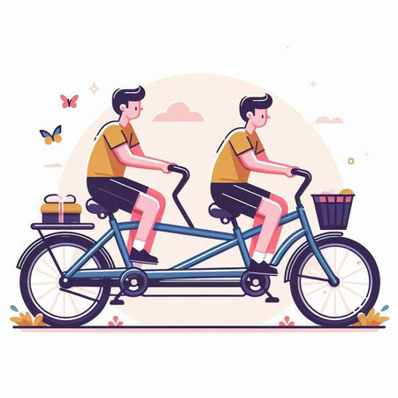 Vector illustration of a happy couple riding a tandem bicycle in the parkのイラスト素材