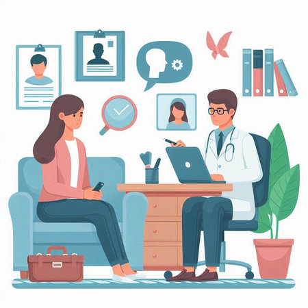 Vector illustration of a doctor and patient in office. Healthcare and medicine concept.のイラスト素材